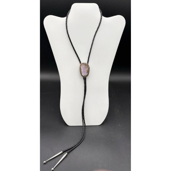 Vtg Bolo Tie Native American Purple Agate Leather Lace Sterling Silver Bullet - Picture 1 of 8